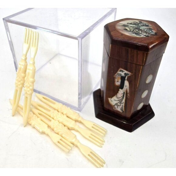 Wooden Toothpick Holder With Mother Of Pearl Inlay & 6 Plastic Fork Picks JE263 - Picture 2 of 6